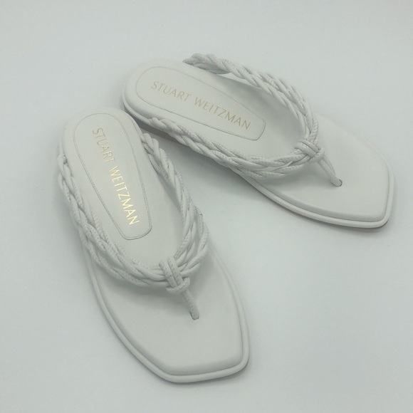 Stuart Weitzman White Calypso Leather Flat Thong Braided Sandals - Picture 7 of 7